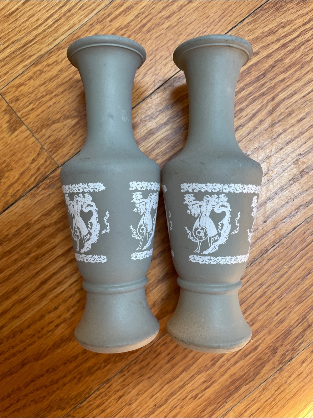 Matte Gray Decorative Ceramic Vases with White Classical Motif - Pair